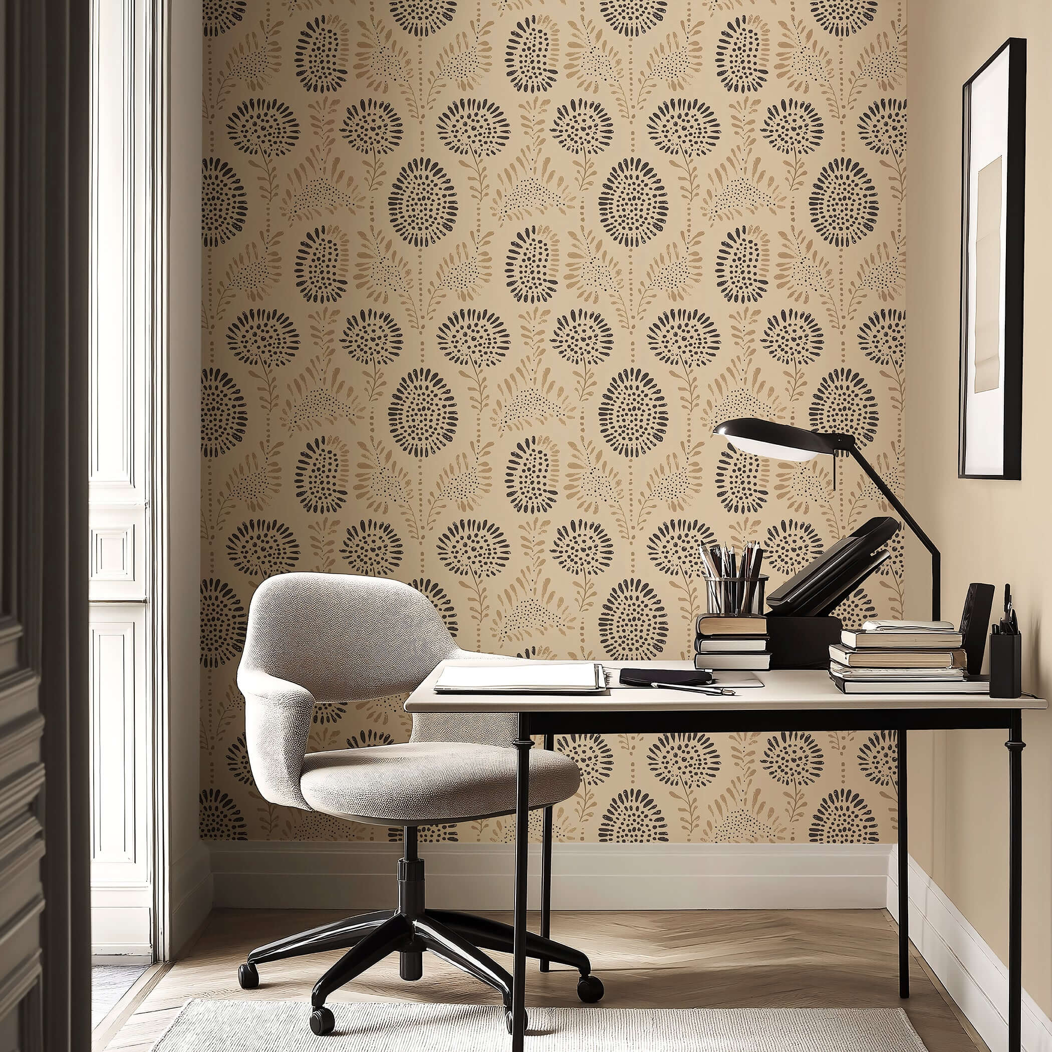 Modern office with Earthen Petals wallpaper featuring abstract floral design in soft beige, clay, and charcoal tones.