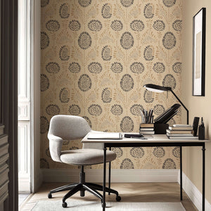 Modern office with Earthen Petals wallpaper featuring abstract floral design in soft beige, clay, and charcoal tones.