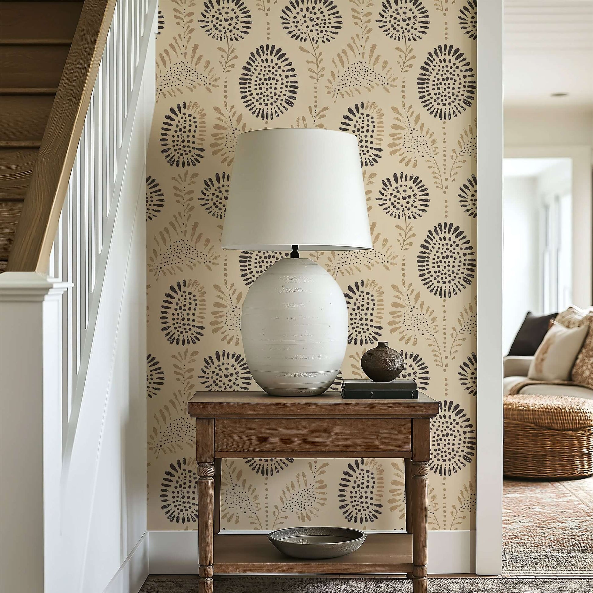 Modern floral wallpaper with abstract flowers in beige, clay, and charcoal tones, enhancing home decor with depth and handcrafted charm.