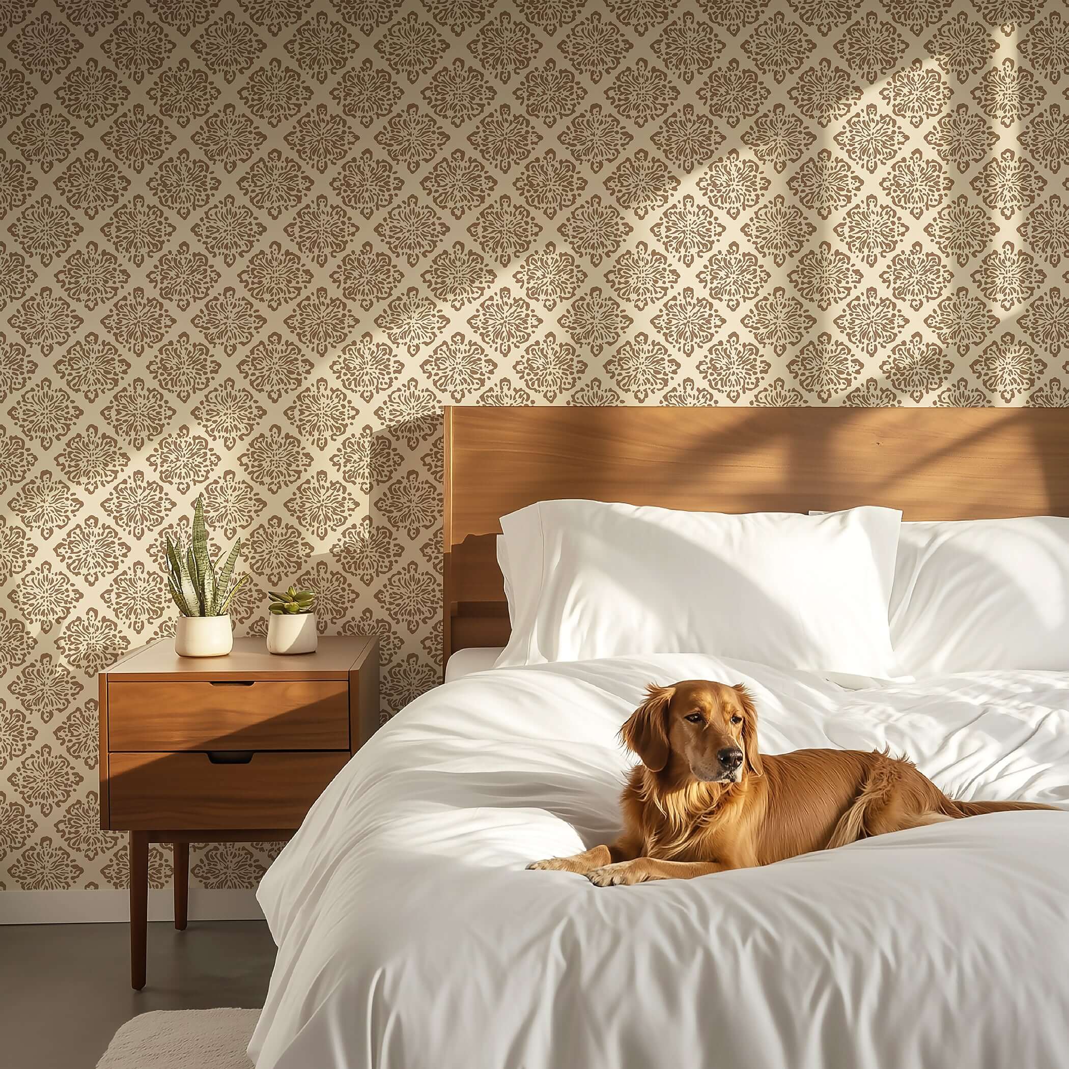 Rustic Medallion Elegance wallpaper with geometric tile pattern in a modern bedroom setting featuring a dog on the bed.