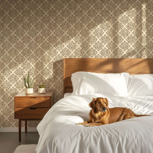 Rustic Medallion Elegance wallpaper with geometric tile pattern in a modern bedroom setting featuring a dog on the bed.
