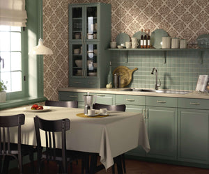 Rustic Medallion Elegance wallpaper in a modern kitchen featuring geometric tile design, earthy tones, and sophisticated decor.