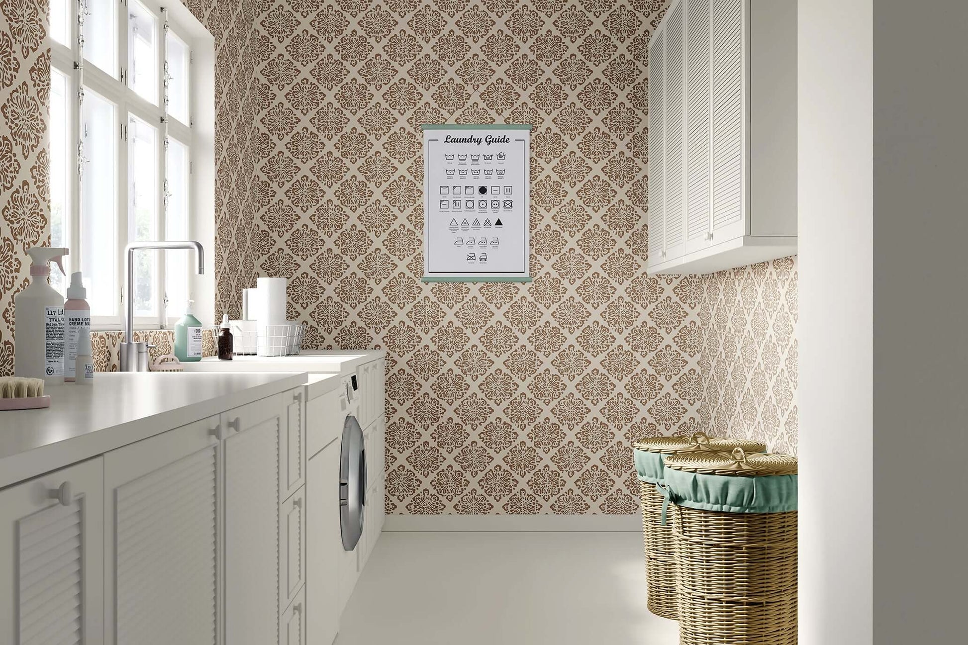 Laundry room with Rustic Medallion Elegance wallpaper featuring geometric tile design in warm tones, creating a modern rustic look.