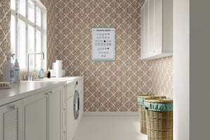 Laundry room with Rustic Medallion Elegance wallpaper featuring geometric tile design in warm tones, creating a modern rustic look.