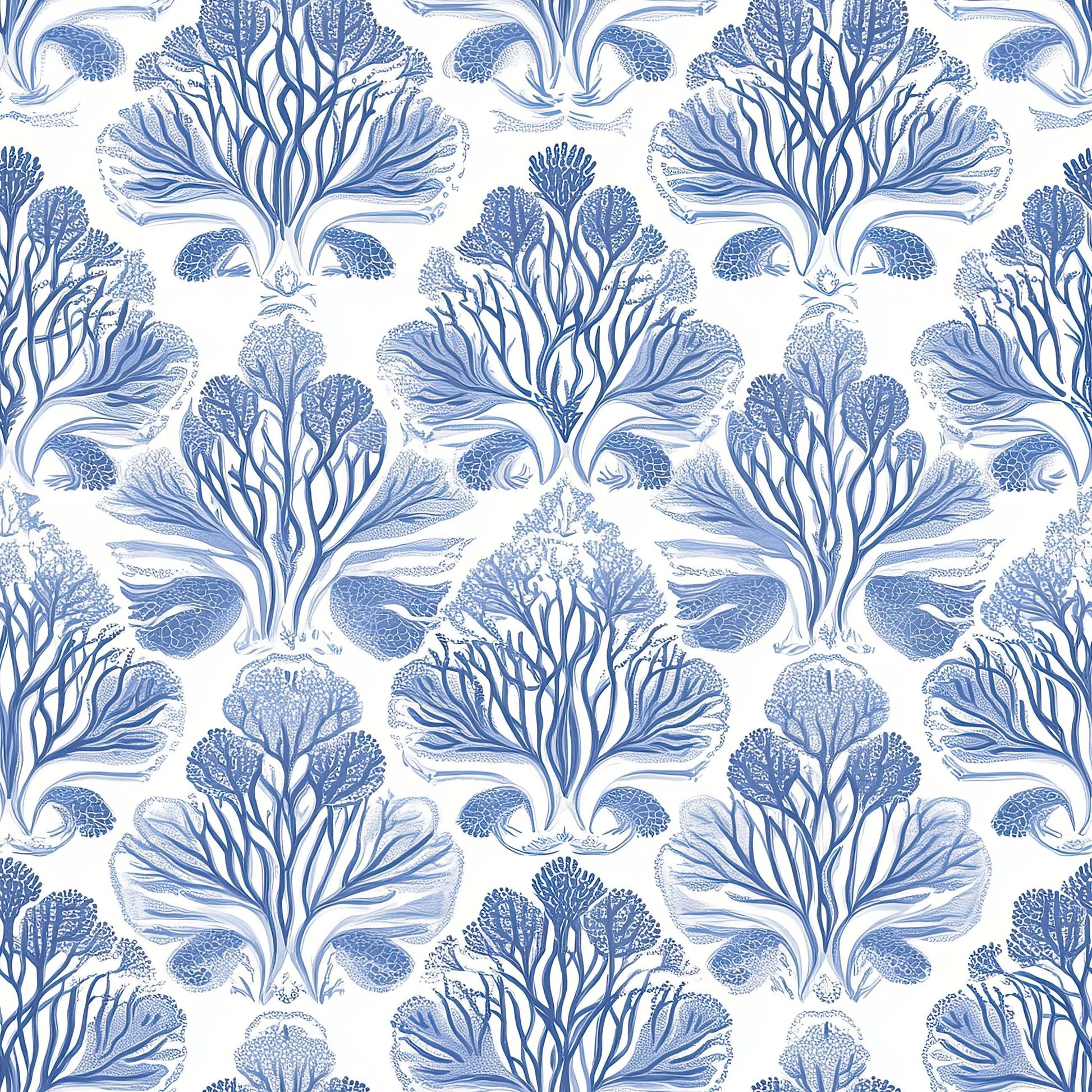 Blue coral damask wallpaper featuring symmetrical ocean-inspired coastal designs for serene home decor.