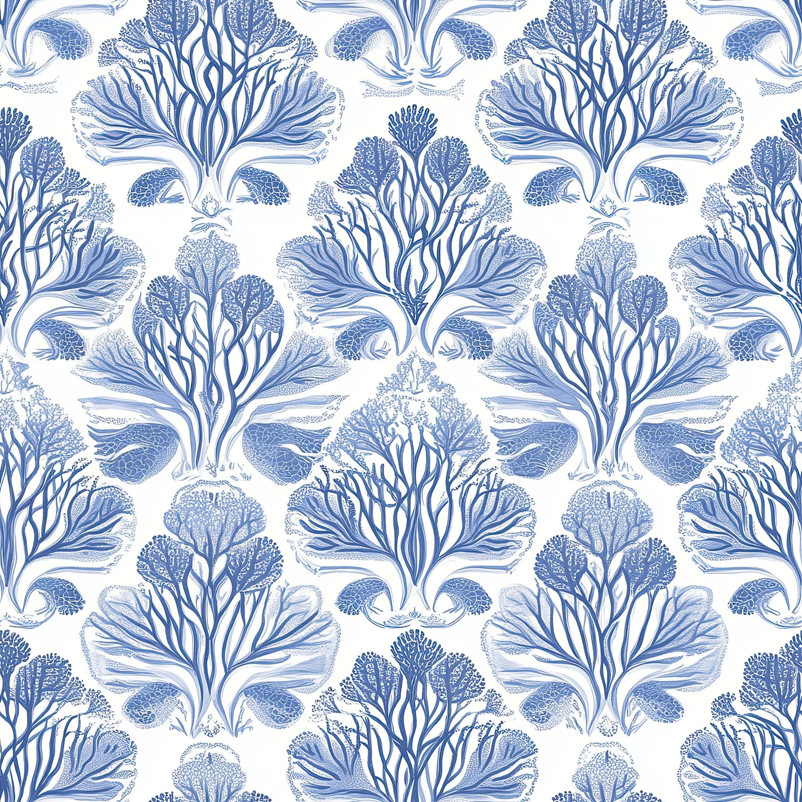 Blue coral damask wallpaper featuring symmetrical ocean-inspired coastal designs for serene home decor.