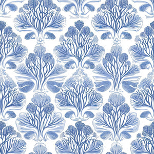 Blue coral damask wallpaper featuring symmetrical ocean-inspired coastal designs for serene home decor.