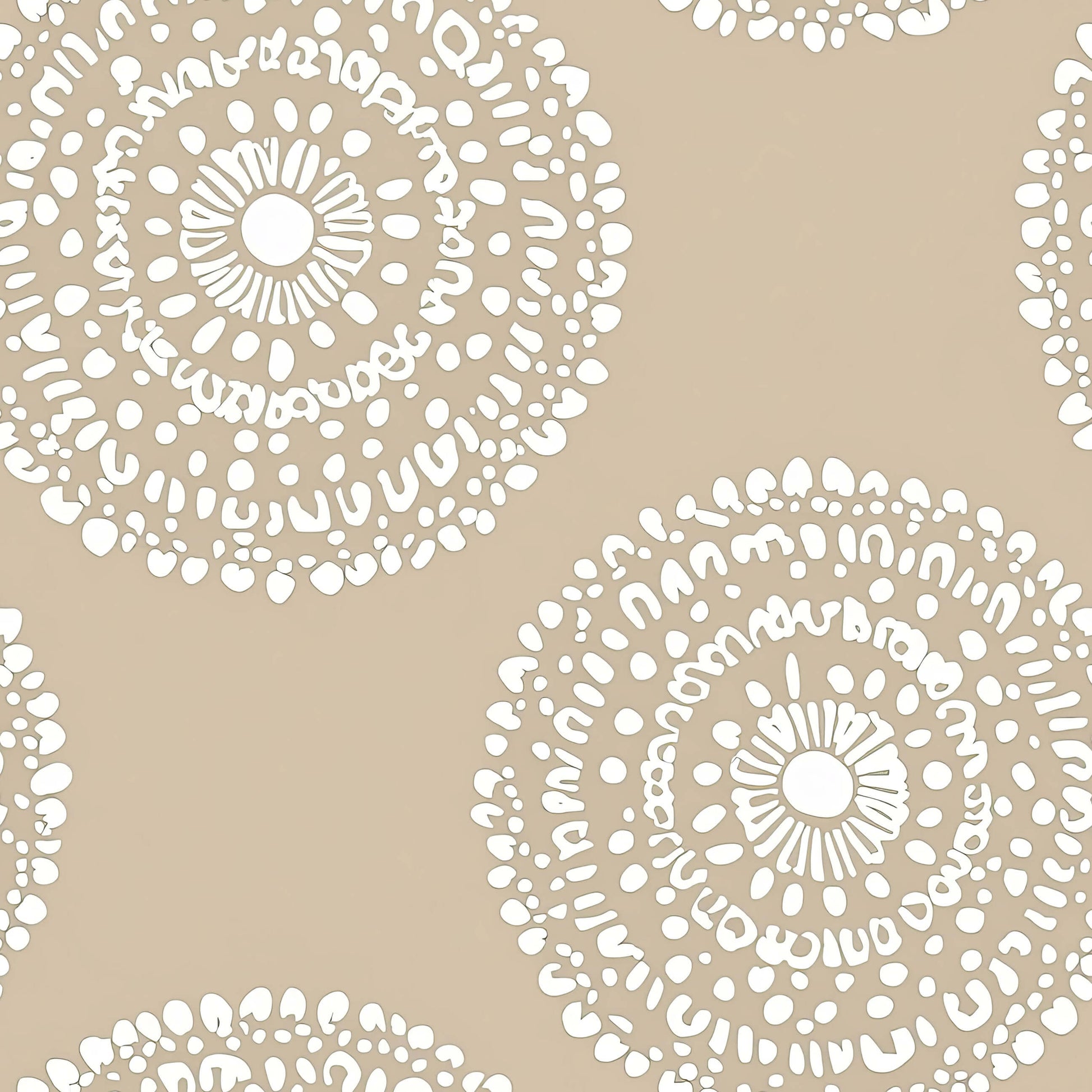 Golden Hour Mandala Wallpaper featuring boho circles and modern design with earthy colors and intricate mandalas on beige background.