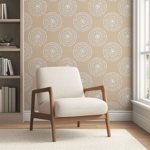 Golden Hour Mandala Wallpaper featuring circles and mandalas in beige and white, enhancing modern room decor with boho flair.