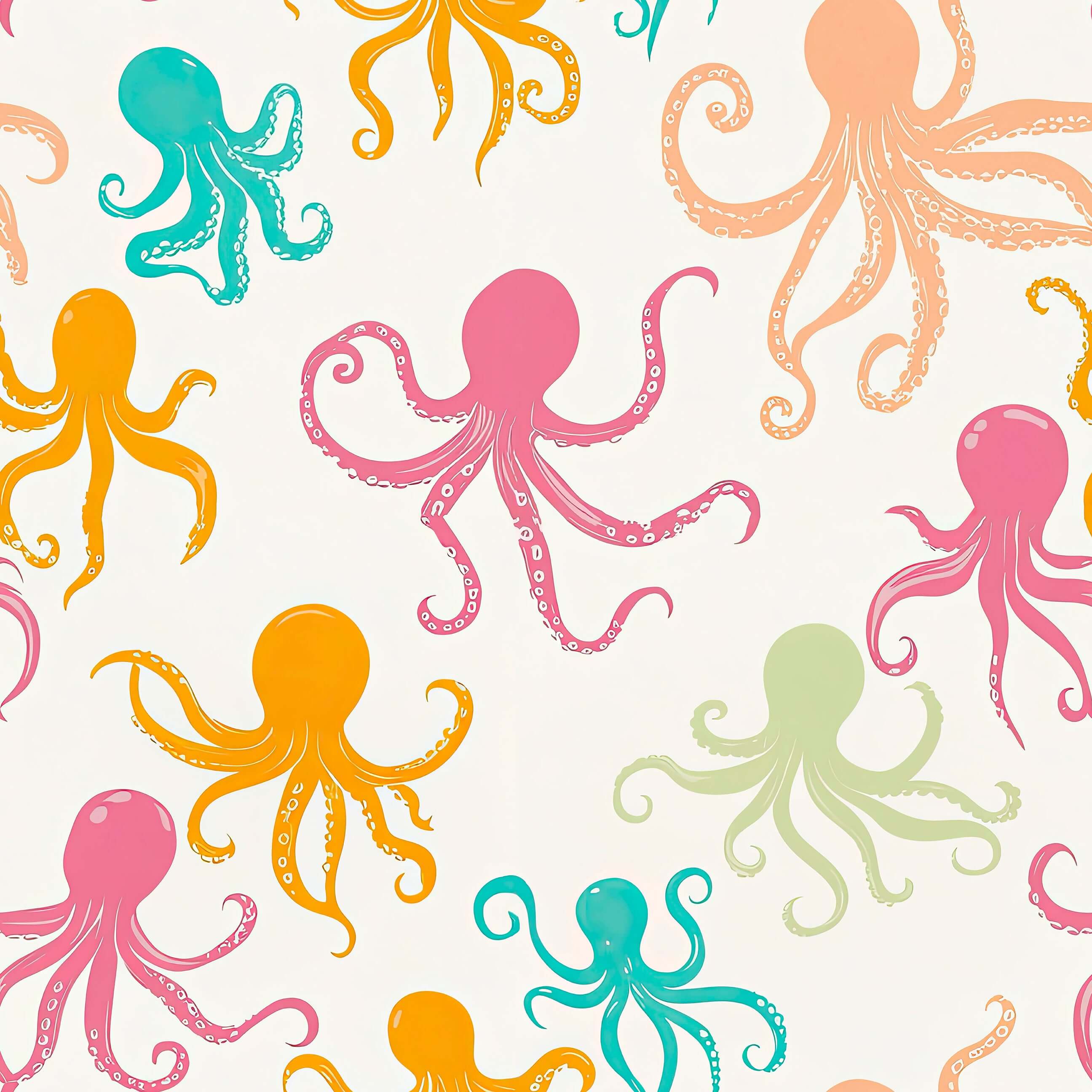 Vivid wallpaper with colorful octopus design, ideal for modern coastal decor. Features pink, teal, mustard colors on a light background.