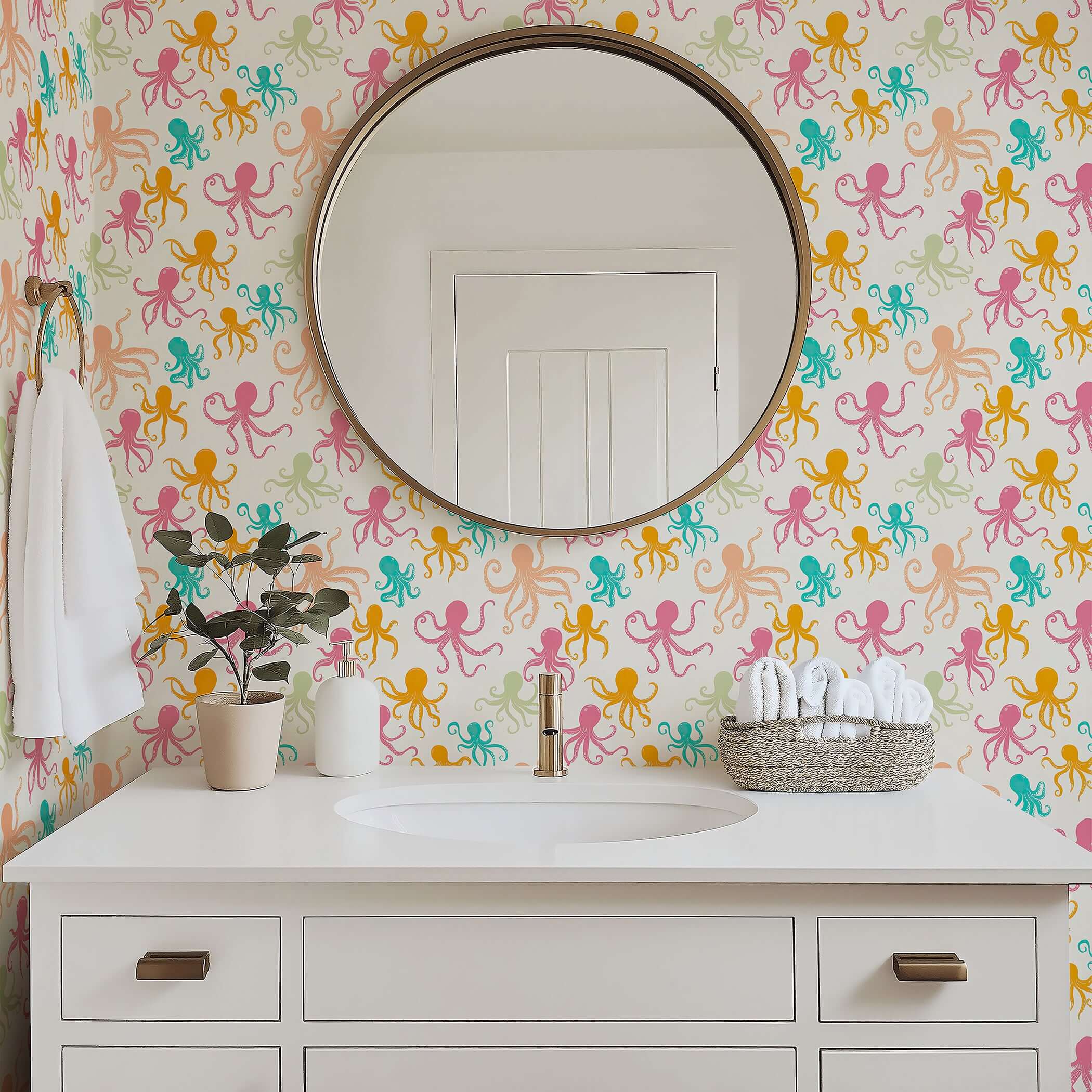 OctoPop Splash Wallpaper in bathroom, featuring pink, teal, mustard, and coral octopus on light background. Ideal for coastal decor.