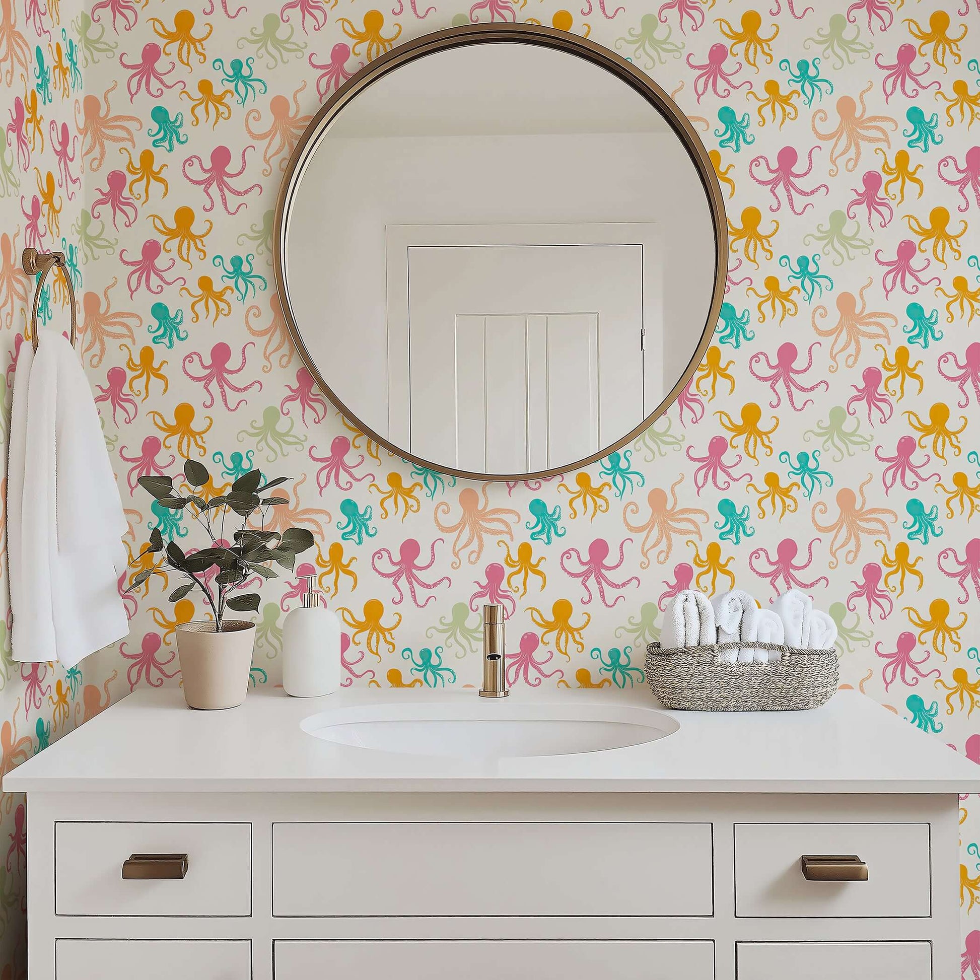 OctoPop Splash Wallpaper in bathroom, featuring pink, teal, mustard, and coral octopus on light background. Ideal for coastal decor.