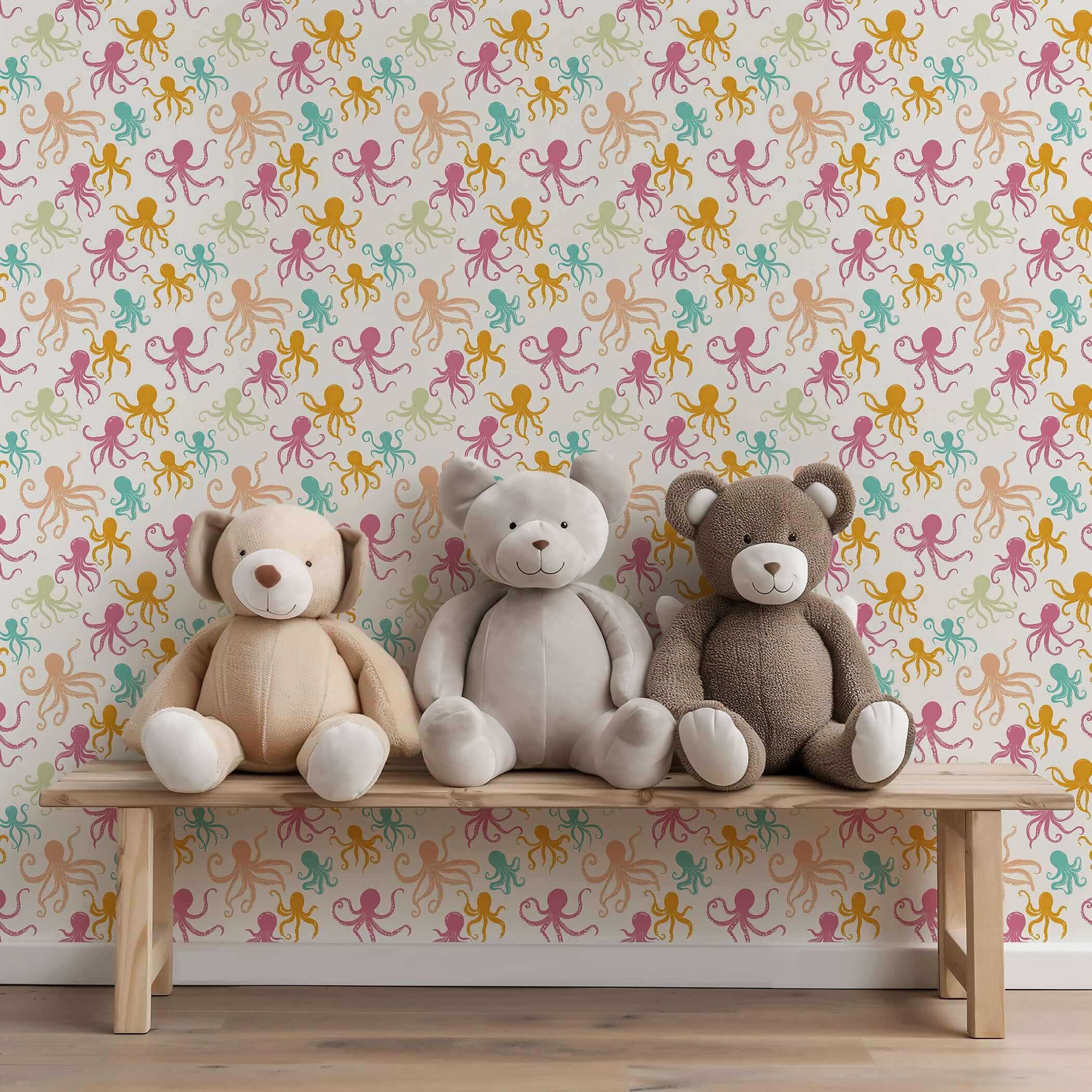 OctoPop Splash wallpaper with pink, teal, mustard octopus design; modern coastal decor ideal for playful spaces. Pop art wallpaper.