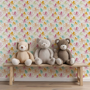 OctoPop Splash wallpaper with pink, teal, mustard octopus design; modern coastal decor ideal for playful spaces. Pop art wallpaper.