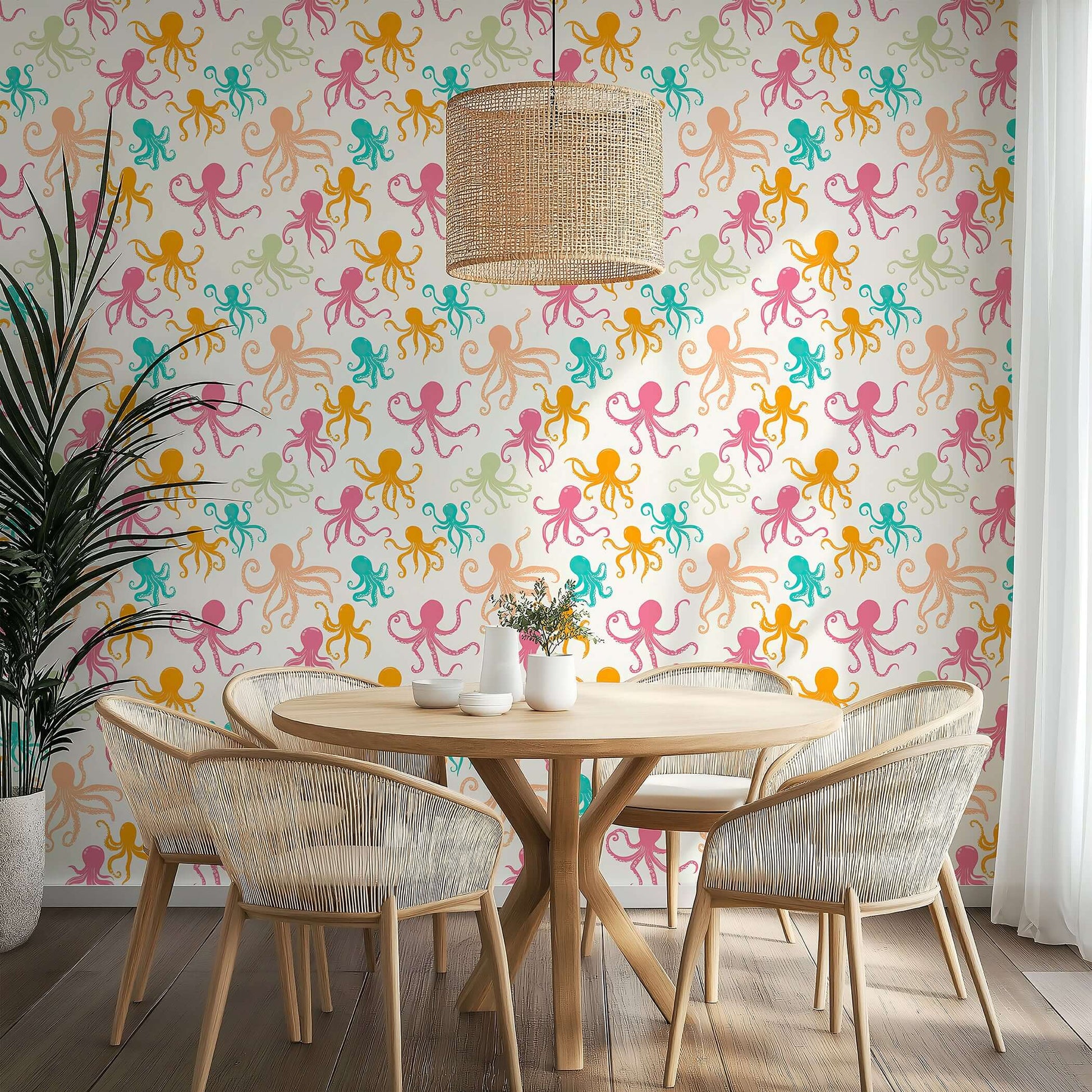 OctoPop Splash wallpaper with colorful octopus design in pink, teal, mustard, and coral. Ideal for coastal or modern spaces.
