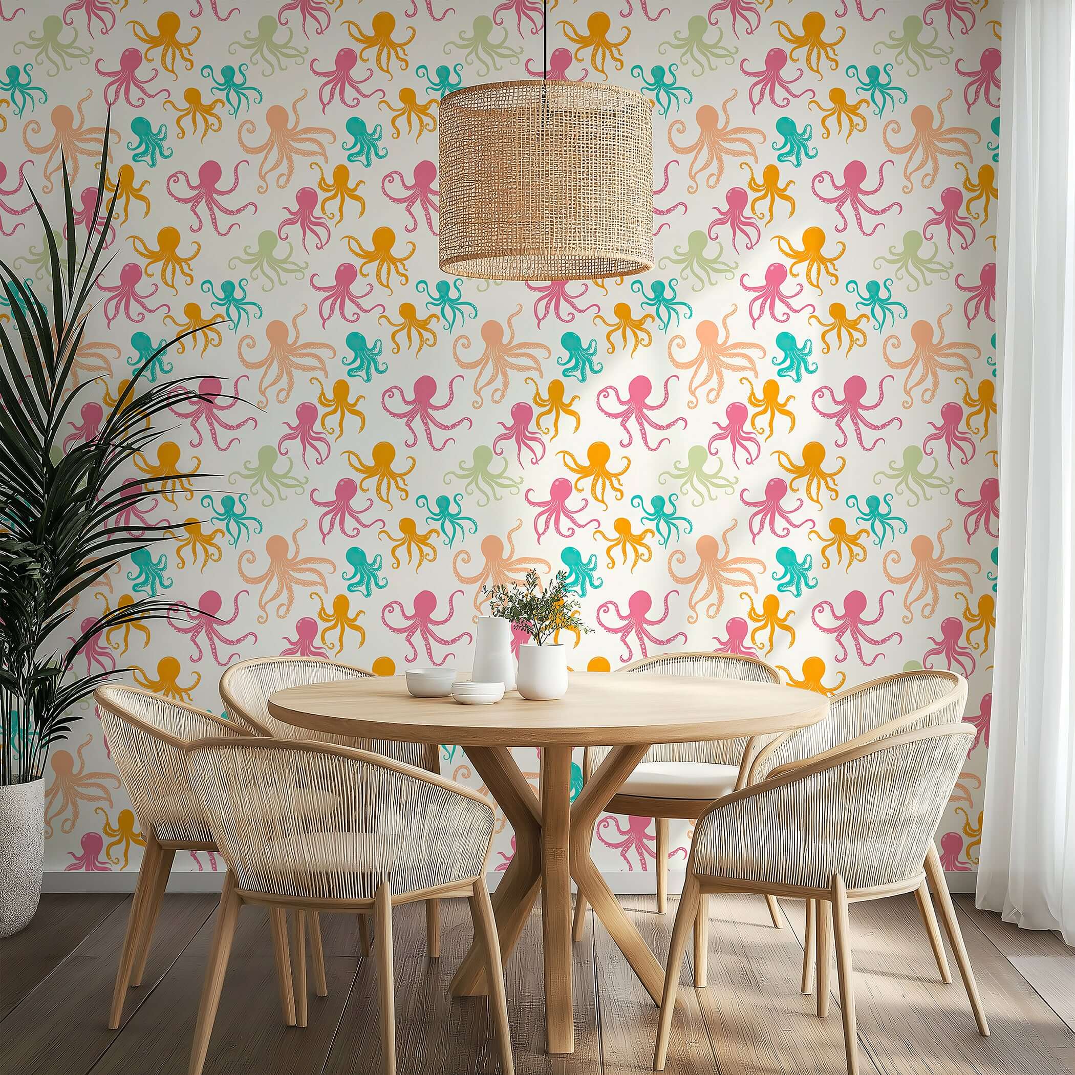 OctoPop Splash wallpaper with colorful octopus design in pink, teal, mustard, and coral. Ideal for coastal or modern spaces.