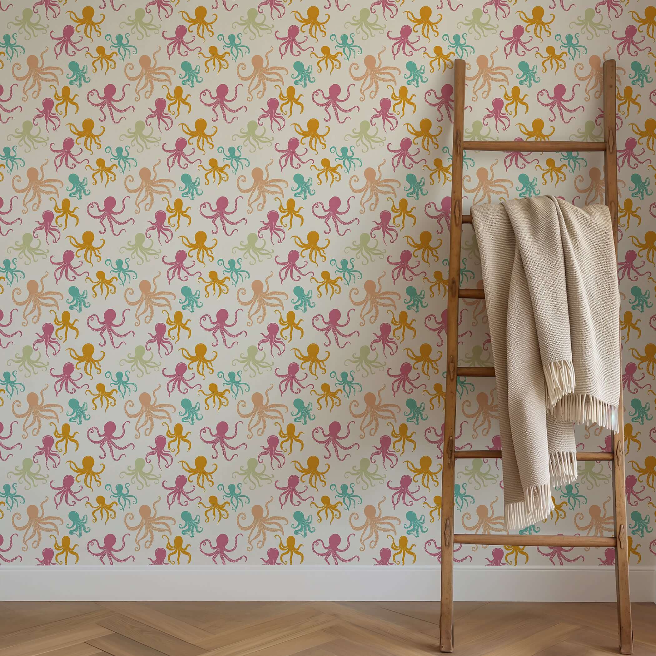 OctoPop Splash wallpaper with vibrant pink, teal, mustard octopus on light background, ideal for coastal and children's décor.