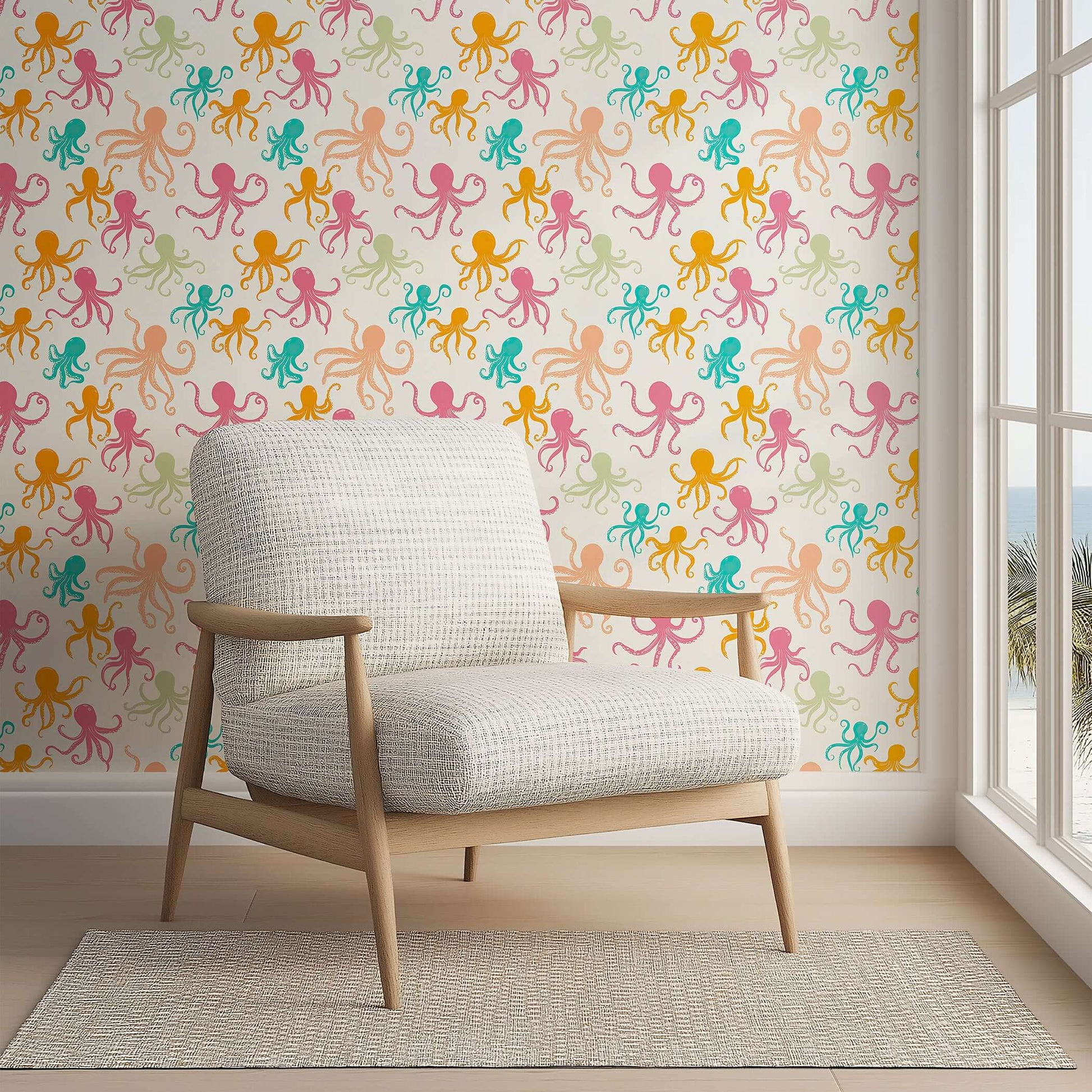 OctoPop Splash wallpaper with colorful octopus design, perfect for coastal-themed rooms and playful children spaces by Wall Artifacts.