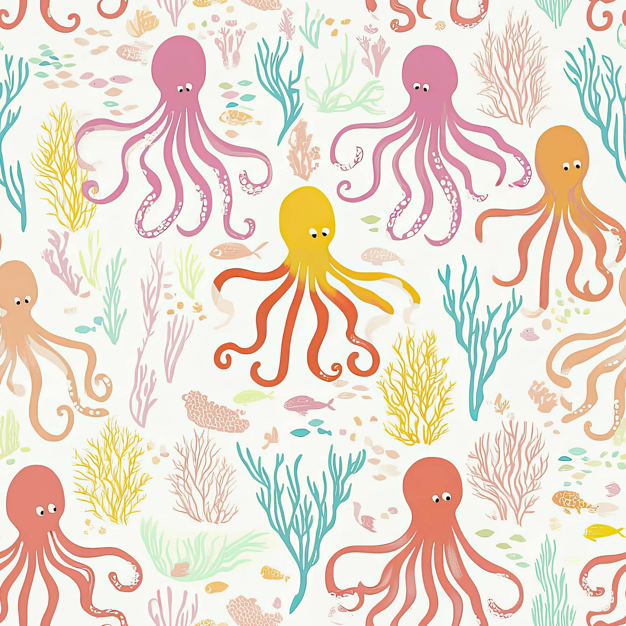 Vibrant coastal wallpaper featuring cheerful octopuses and colorful coral, perfect for children's nurseries and playrooms. Oceanic joy! 🐙