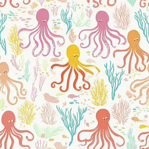 Vibrant coastal wallpaper featuring cheerful octopuses and colorful coral, perfect for children's nurseries and playrooms. Oceanic joy! 🐙