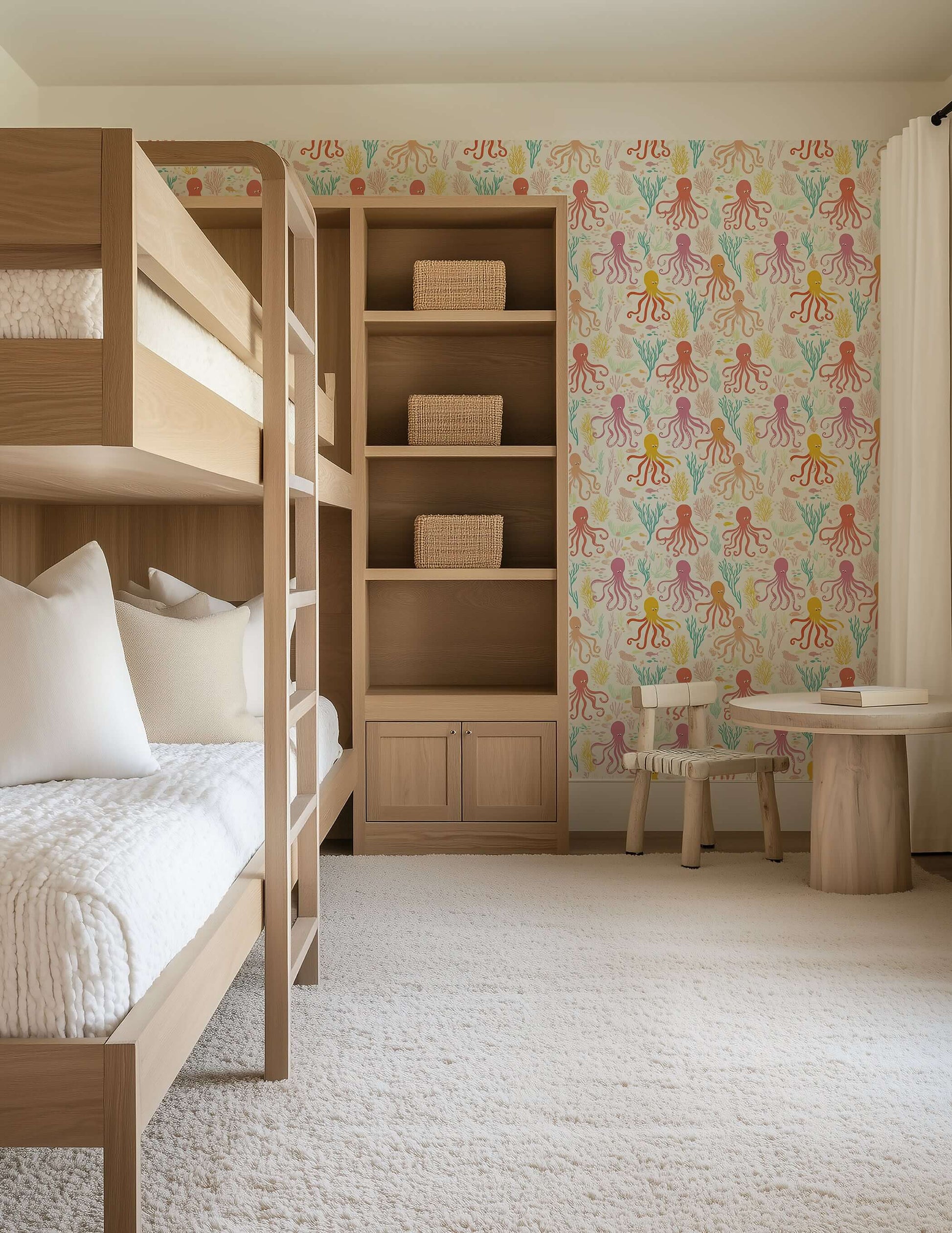 Coastal wallpaper with octopus and coral designed for children's nursery or playroom, adding oceanic charm and playfulness.