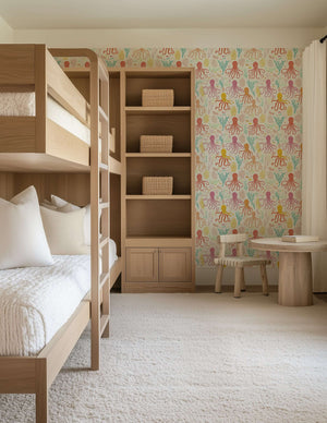 Coastal wallpaper with octopus and coral designed for children's nursery or playroom, adding oceanic charm and playfulness.