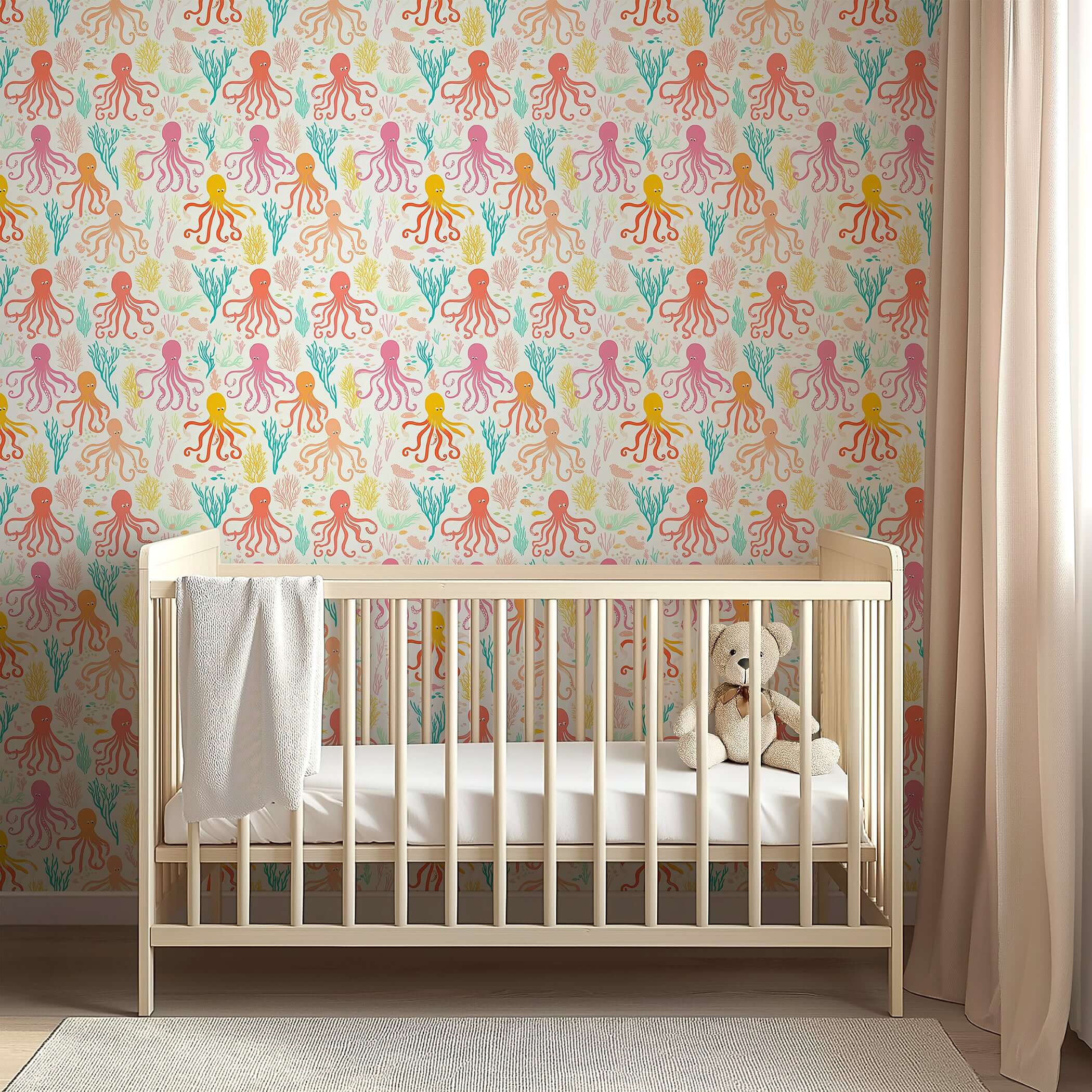 Coral Cove and Friends wallpaper featuring octopus and coral, perfect for coastal nurseries and playrooms, enhancing children's spaces.