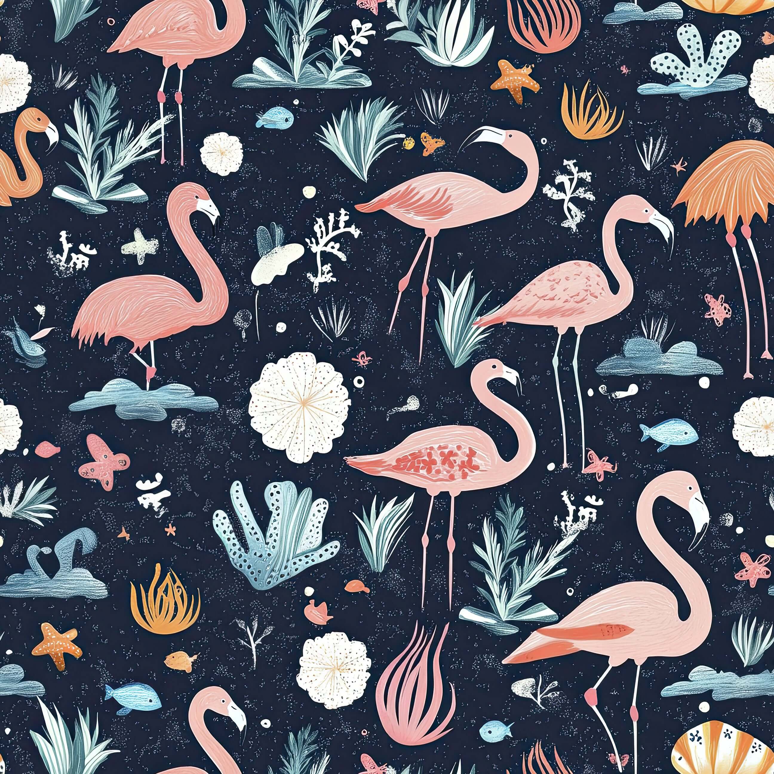 Nighttime Flamingo Lagoon Wallpaper with flamingos, coral reefs, and sea life, ideal for coastal-themed children’s playroom decor