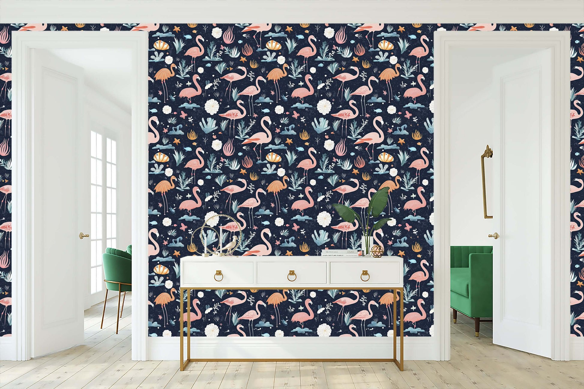 Navy coastal wallpaper with flamingos in moonlit lagoon, perfect for children's playroom; tropical plants enhance dreamy atmosphere.