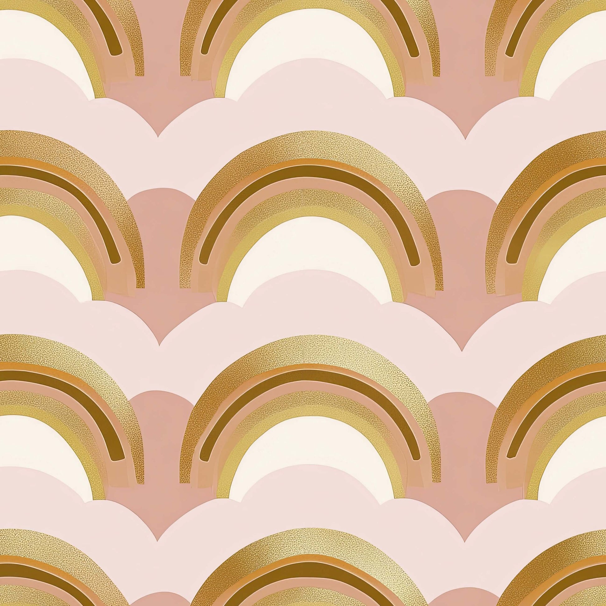 Golden Dream Rainbows Wallpaper with shimmering gold arches on blush pink and cream, ideal for nurseries and playrooms.