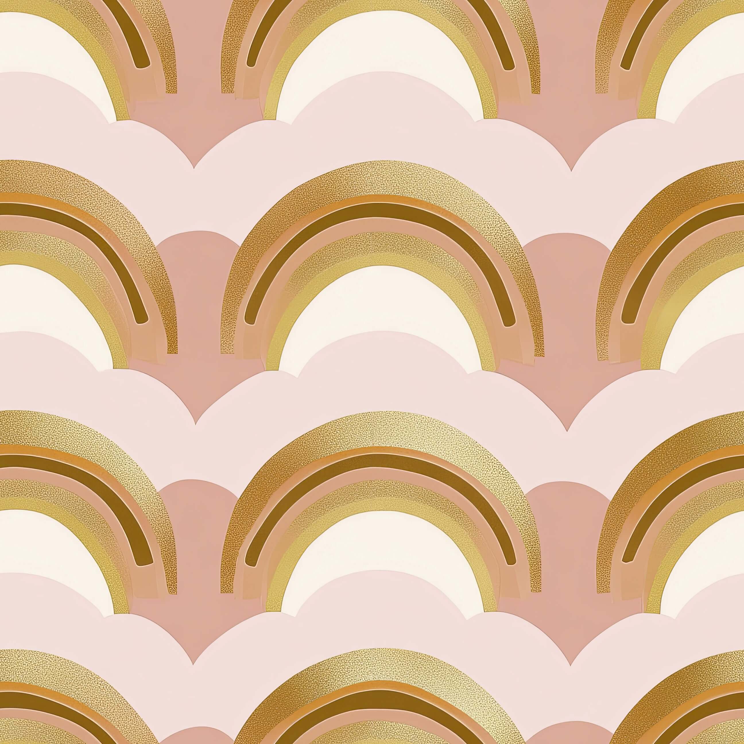 Golden Dream Rainbows Wallpaper with shimmering gold arches on blush pink and cream, ideal for nurseries and playrooms.
