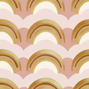 Golden Dream Rainbows Wallpaper with shimmering gold arches on blush pink and cream, ideal for nurseries and playrooms.