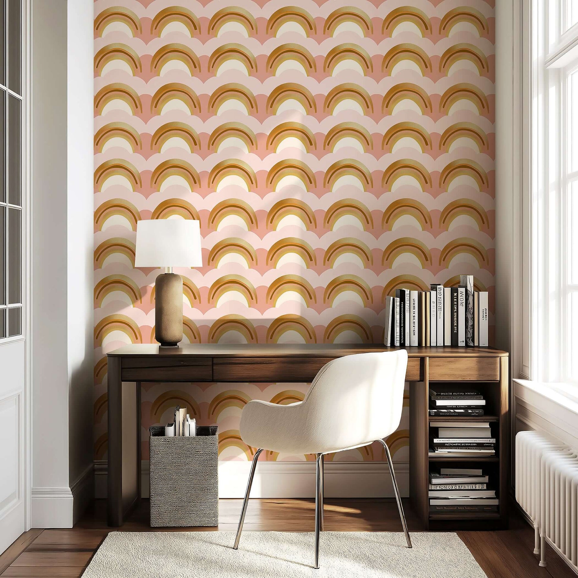 Golden Dream Rainbows wallpaper in modern room with gold, pink, and cream arches, perfect for nursery or playroom decor.