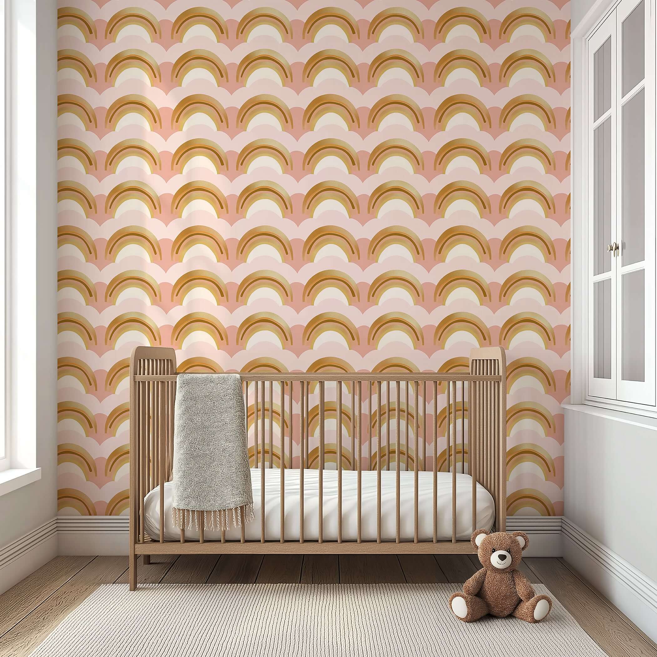 Golden Dream Rainbows wallpaper with gold arches in a nursery, creating a whimsical atmosphere. Ideal for children's playrooms and nurseries.