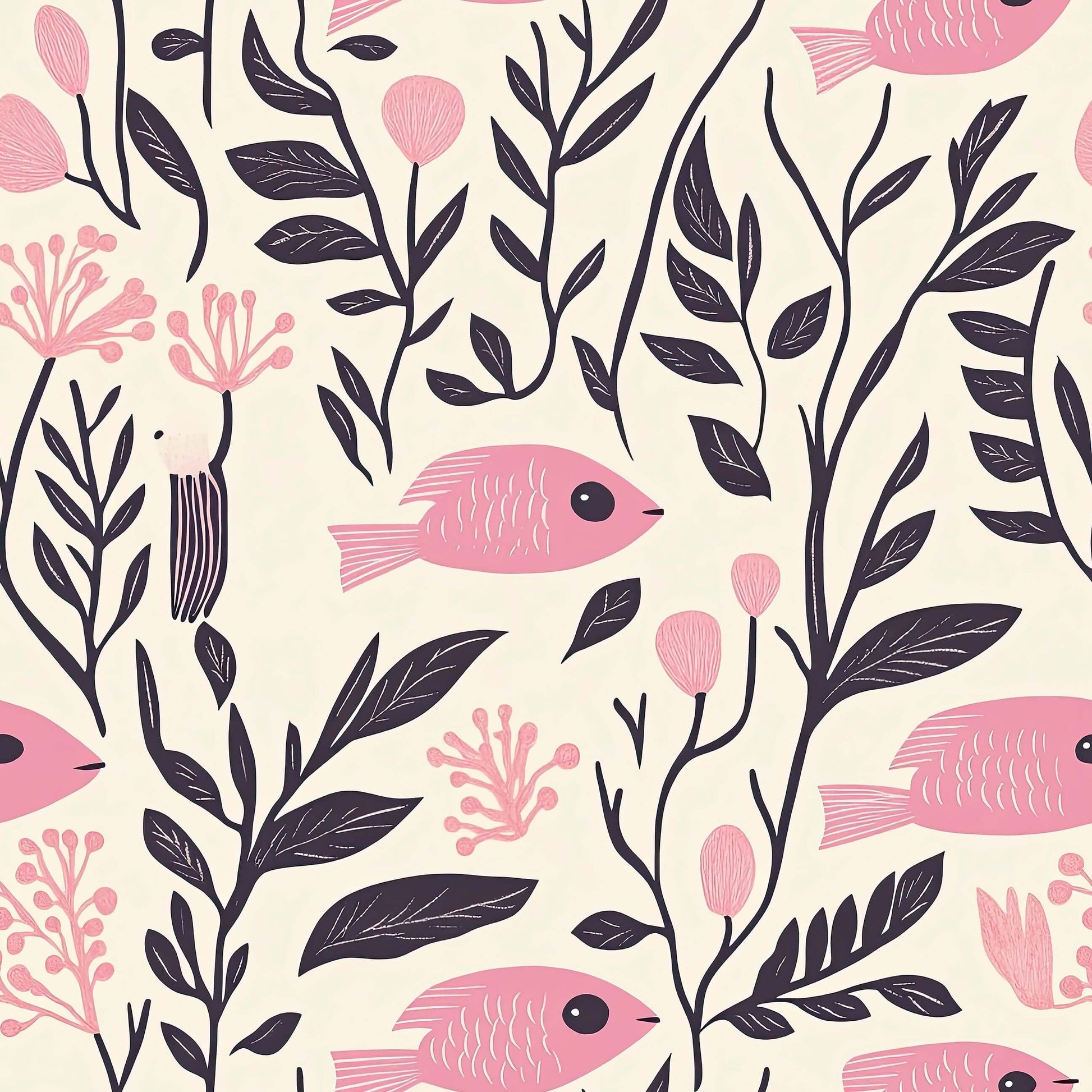 Vintage Fish Garden wallpaper with pink fish, seaweed, and floral designs for coastal and mid-century modern interiors.