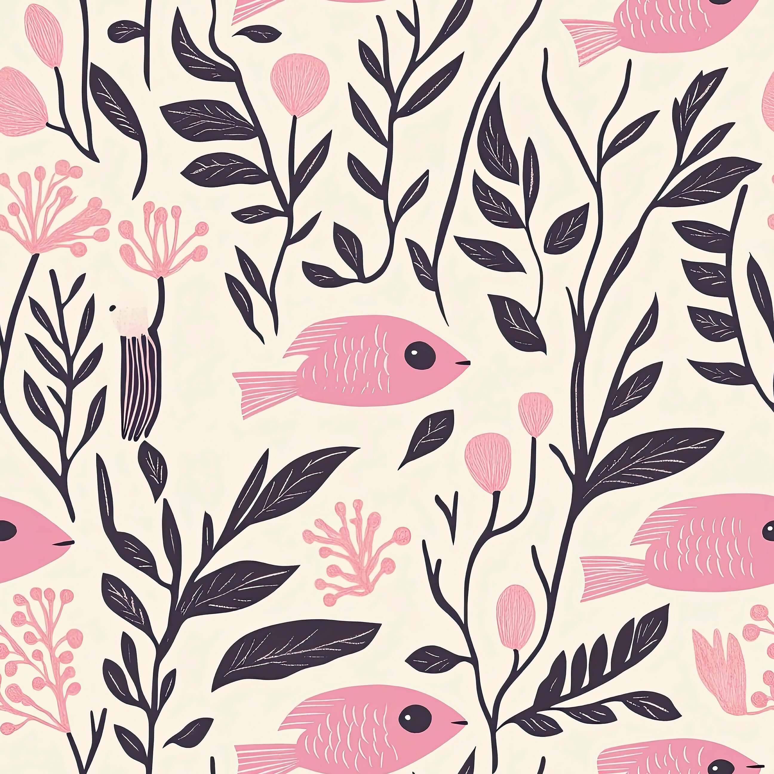 Vintage Fish Garden wallpaper with pink fish, seaweed, and floral designs for coastal and mid-century modern interiors.