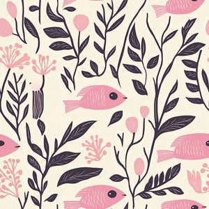 Vintage Fish Garden wallpaper with pink fish, seaweed, and floral designs for coastal and mid-century modern interiors.