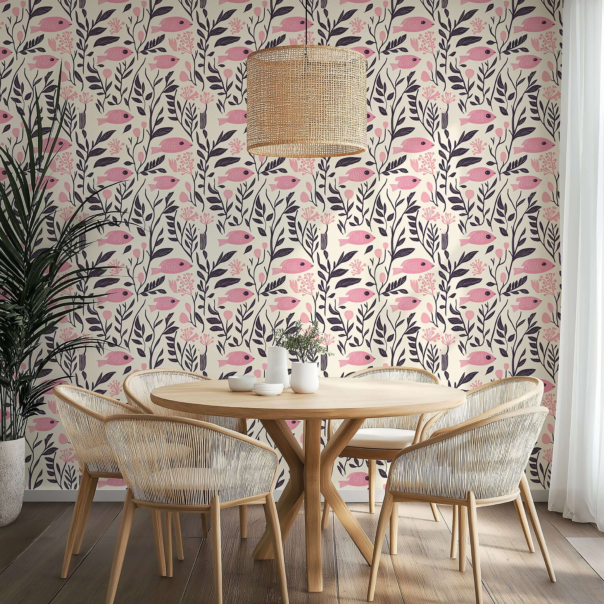 Dining room with Vintage Fish Garden wallpaper featuring pink fish and floral patterns, enhancing a coastal mid-century modern style.