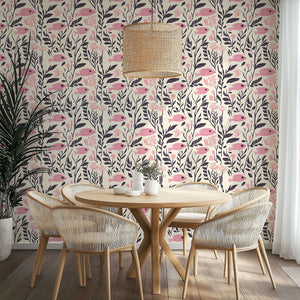 Dining room with Vintage Fish Garden wallpaper featuring pink fish and floral patterns, enhancing a coastal mid-century modern style.