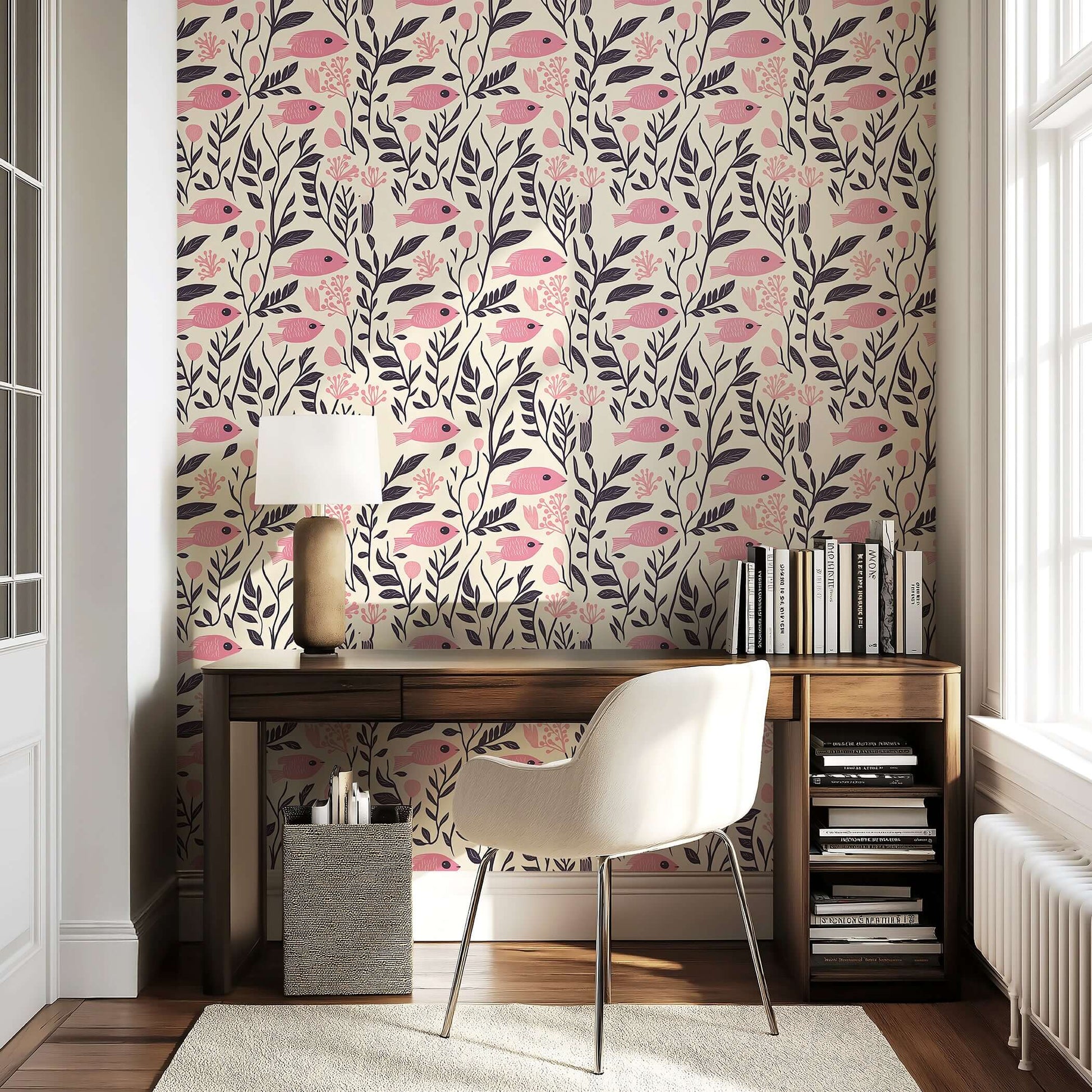 Vintage Fish Garden wallpaper with pink fish and floral patterns, ideal coastal decor for mid-century modern interiors.