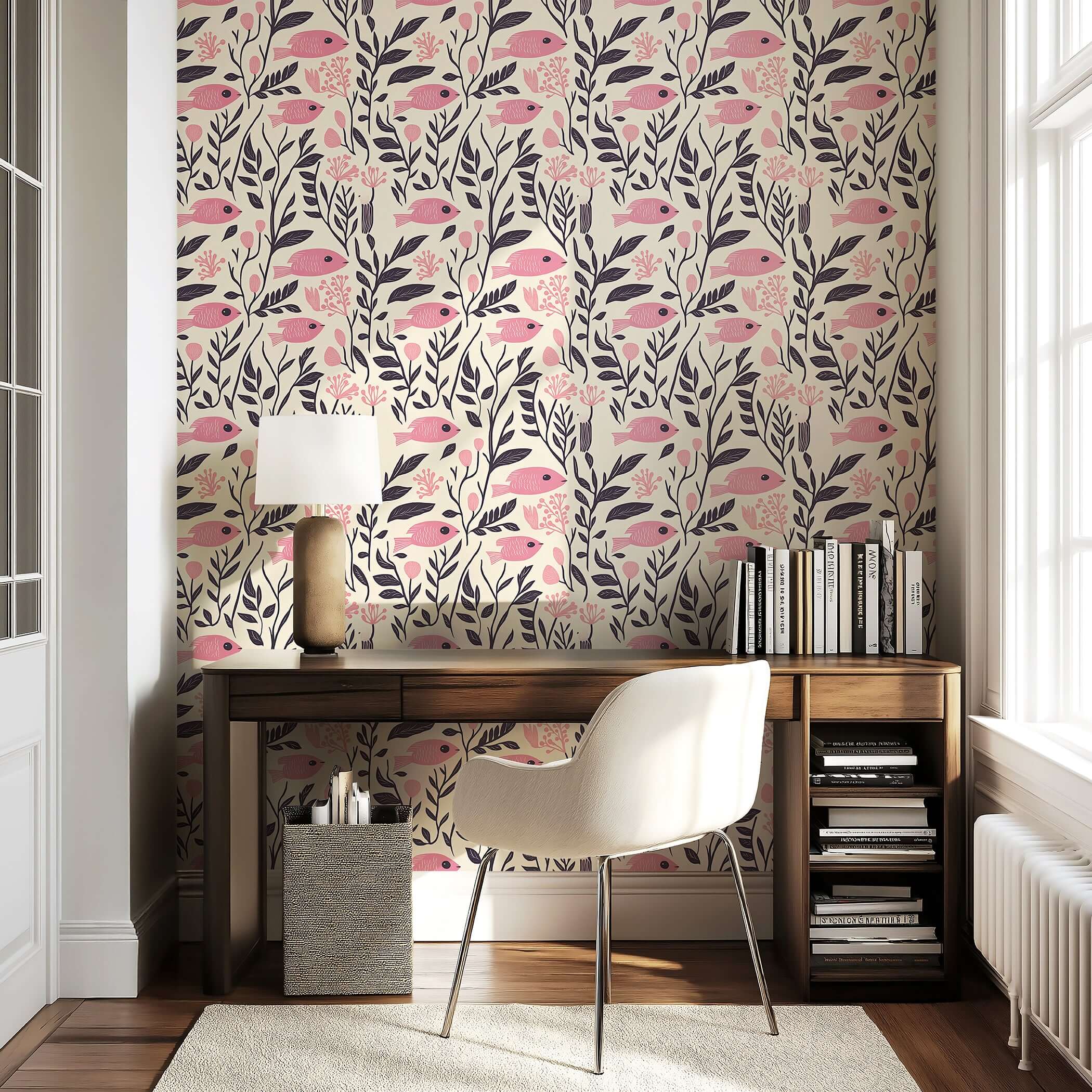 Vintage Fish Garden wallpaper with pink fish and floral patterns, ideal coastal decor for mid-century modern interiors.
