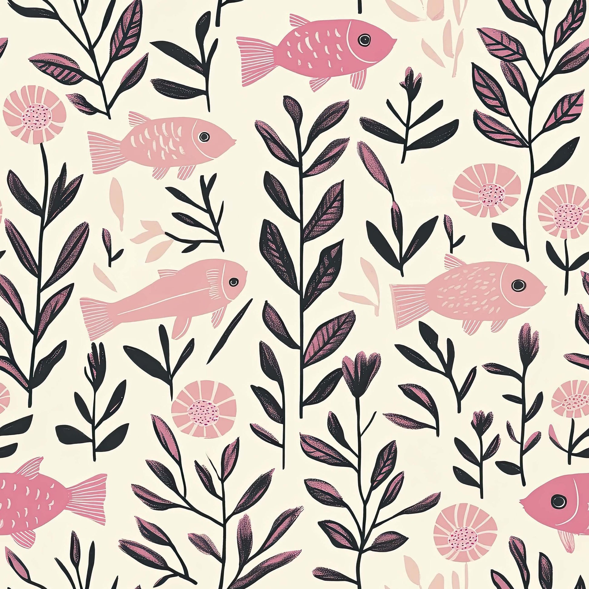 Pink Fish Fantasy Wallpaper featuring pink fish, seaweed, and coastal botanical elements, ideal for nurseries and creative spaces.