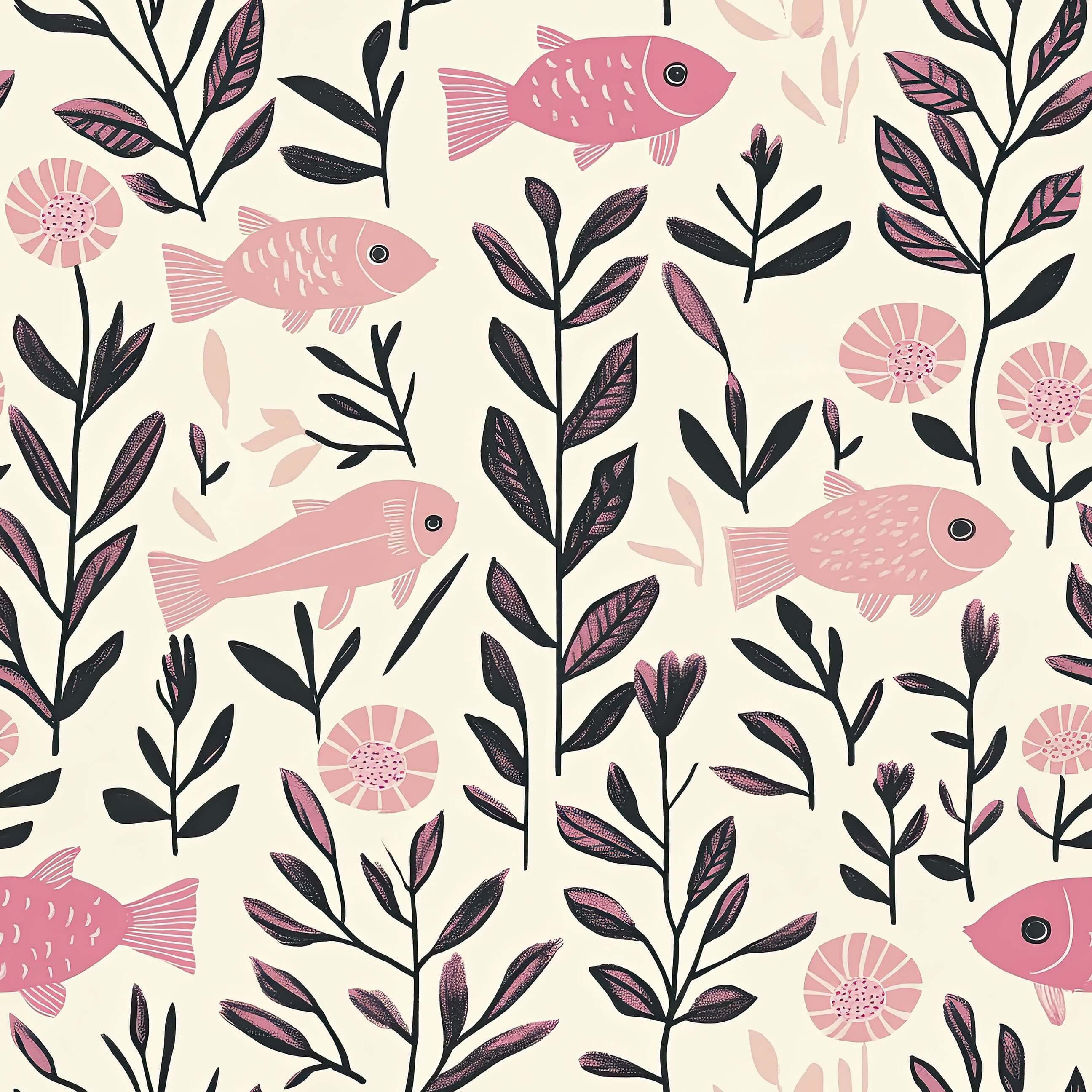 Pink Fish Fantasy Wallpaper featuring pink fish, seaweed, and coastal botanical elements, ideal for nurseries and creative spaces.