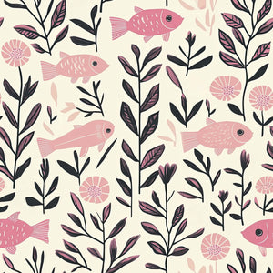 Pink Fish Fantasy Wallpaper featuring pink fish, seaweed, and coastal botanical elements, ideal for nurseries and creative spaces.