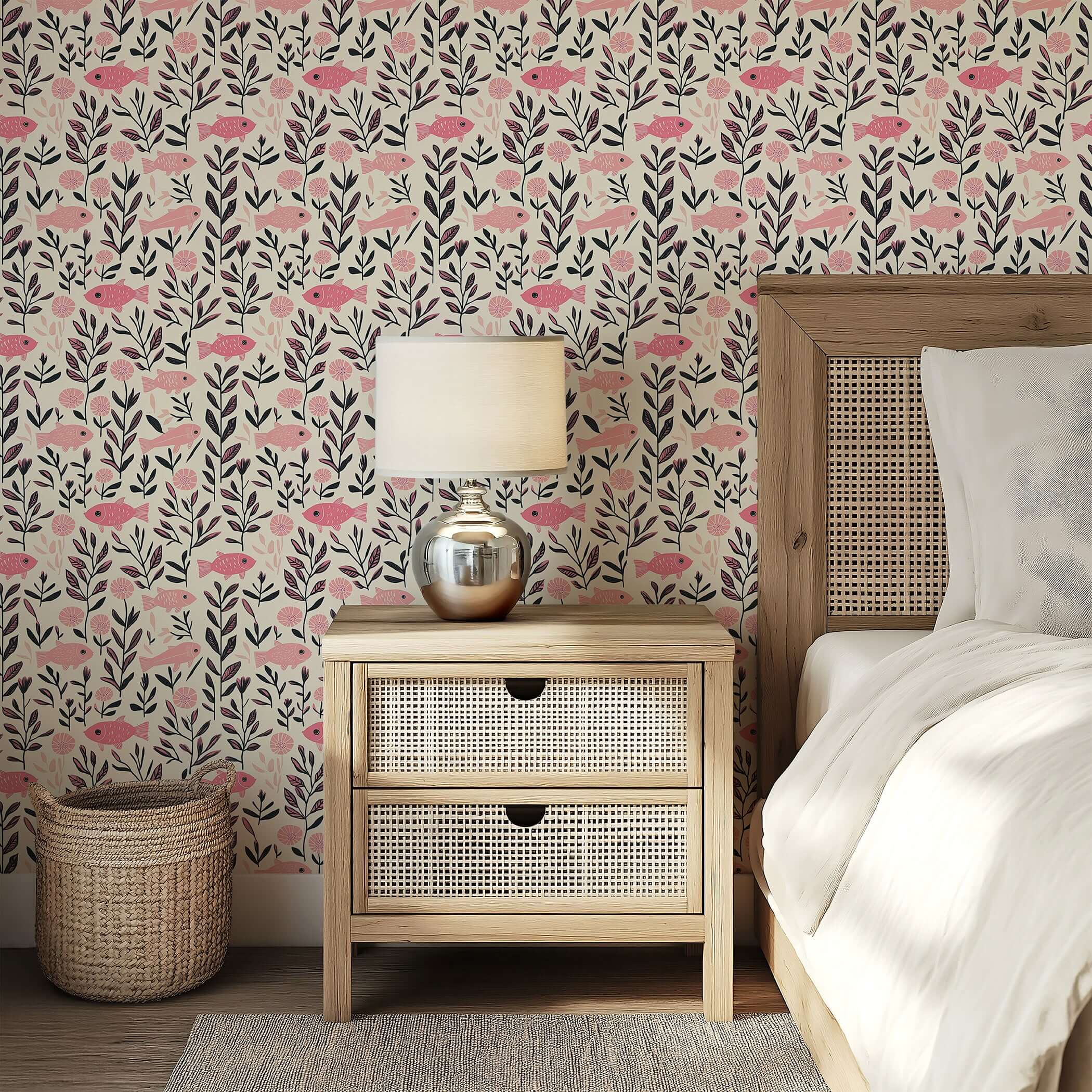 Pink Fish Fantasy wallpaper with mid-century modern decor; features pink fish and seaweed, ideal for nurseries and coastal design.