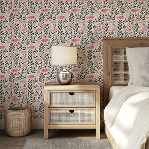 Pink Fish Fantasy wallpaper with mid-century modern decor; features pink fish and seaweed, ideal for nurseries and coastal design.