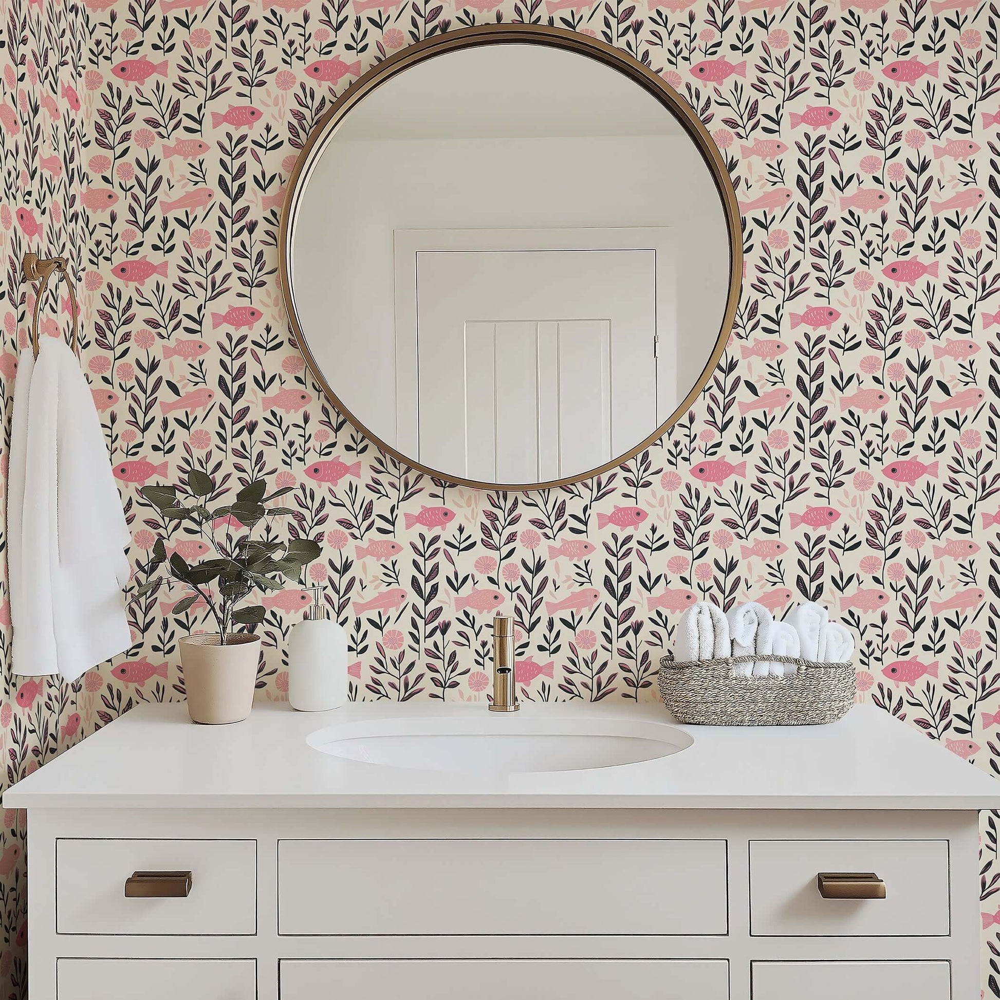 Pink Fish Fantasy wallpaper with soft pink fish and greenery, ideal for creating a whimsical and coastal mid-century modern aesthetic.