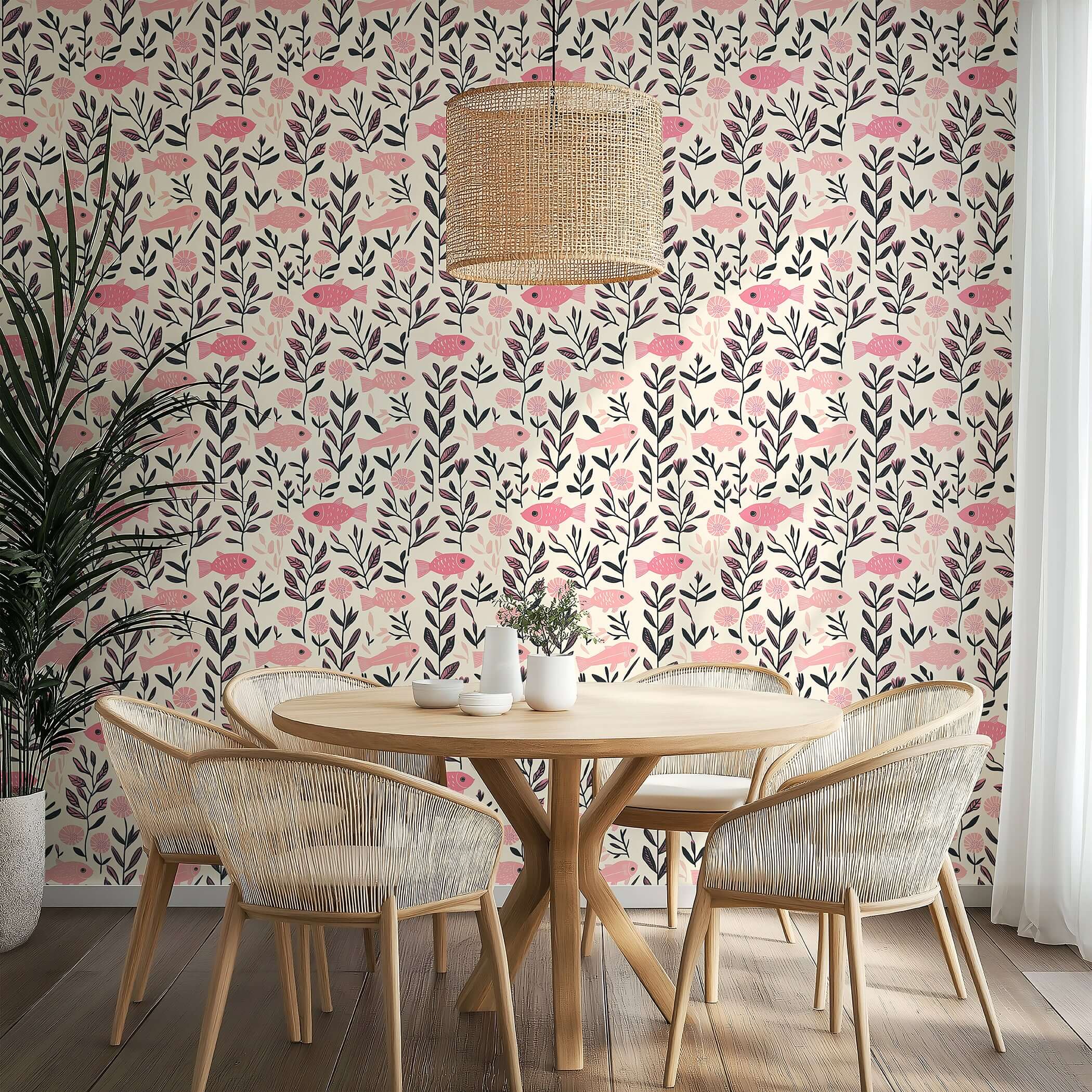 Pink Fish Fantasy wallpaper with pink fish and greenery, ideal for nurseries and coastal spaces, featuring a mid-century modern look.
