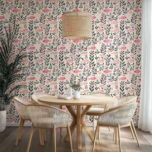 Pink Fish Fantasy wallpaper with pink fish and greenery, ideal for nurseries and coastal spaces, featuring a mid-century modern look.