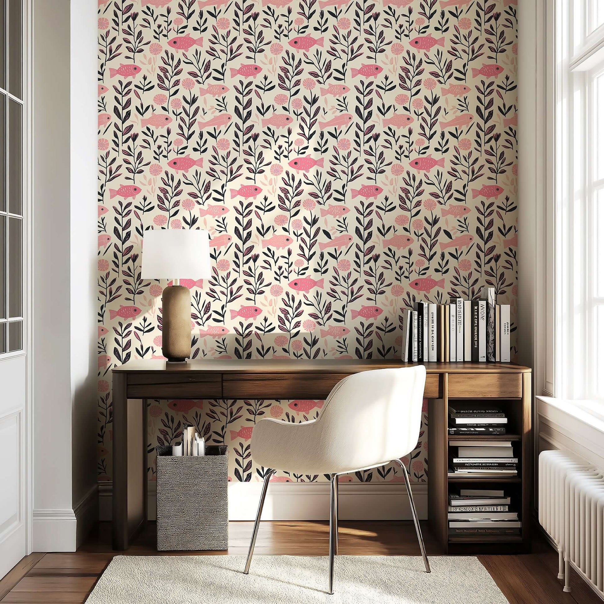 Pink Fish Fantasy wallpaper with pink fish and seaweed design, ideal for mid-century modern nurseries, coastal themes, and creative spaces.